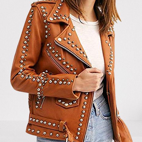 Women's Brown Leather Studded Jacket, Gothic Rock Style