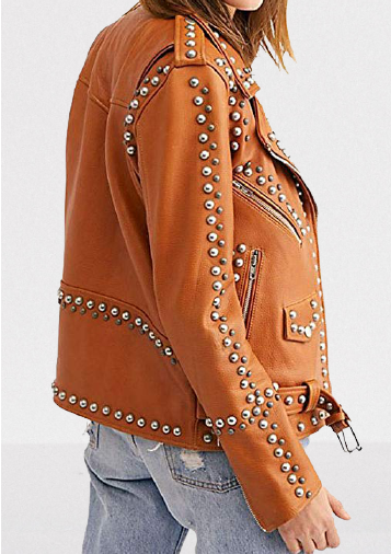 Women's Brown Leather Studded Jacket, Gothic Rock Style - Image 2
