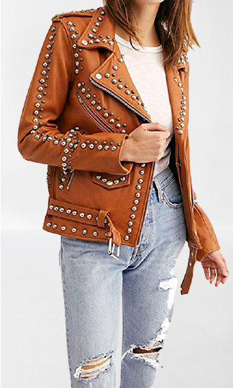 Women's Brown Leather Studded Jacket, Gothic Rock Style - Image 3