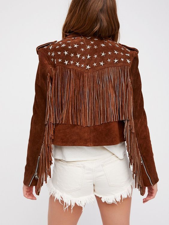 Punk Women Brown Rock Style Studded Fringe Jacket, Biker Suede Jacket
