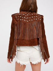 Punk Women Brown Rock Style Studded Fringe Jacket, Biker Suede Jacket