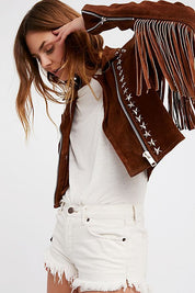 Punk Women Brown Rock Style Studded Fringe Jacket, Biker Suede Jacket
