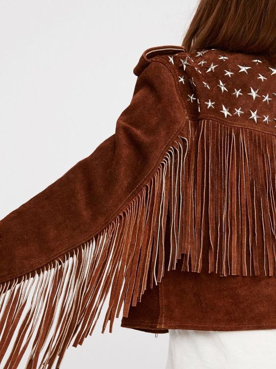 Punk Women Brown Rock Style Studded Fringe Jacket, Biker Suede Jacket