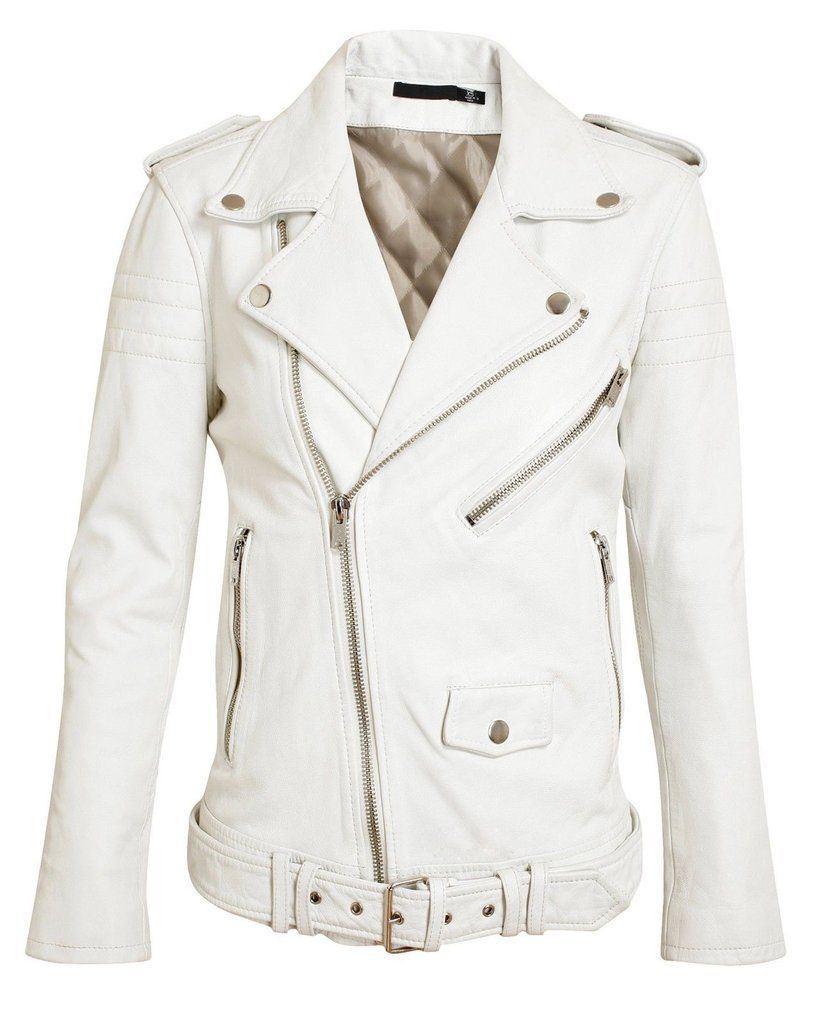 Women Fashion White Leather Jacket , Lambskin Biker Jacket For Womens