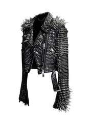 Women's Handmade Long Black Spiked Studded Leather Jacket - Image 2