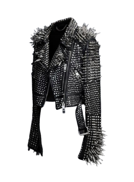 Women's Handmade Long Black Spiked Studded Leather Jacket - Image 2