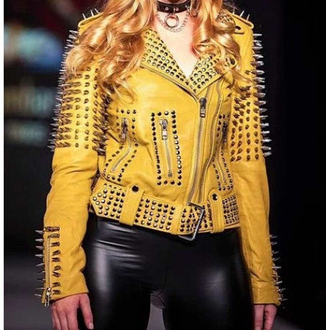Women's Yellow Studded Leather Moto Jacket