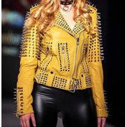 Women's Yellow Studded Leather Moto Jacket