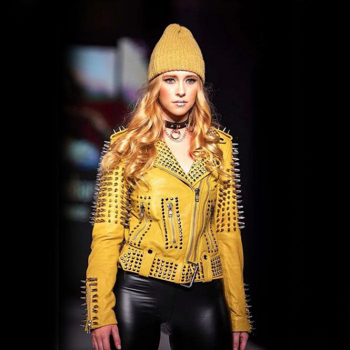 Women's Yellow Studded Leather Moto Jacket - Image 2