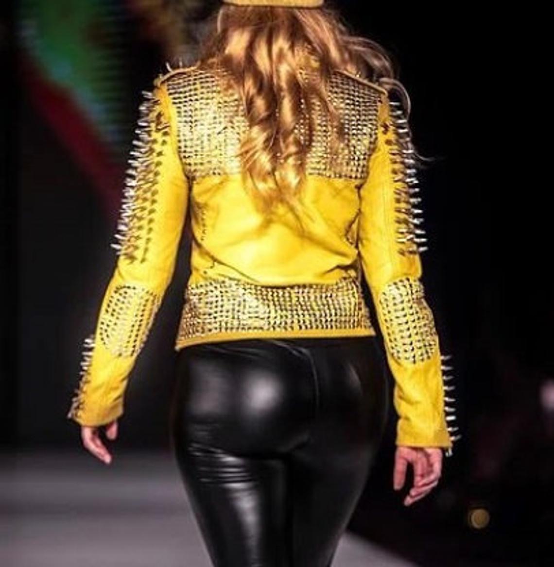 Women's Yellow Studded Leather Moto Jacket - Image 3