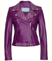Women's Purple Leather Studded Biker Jacket