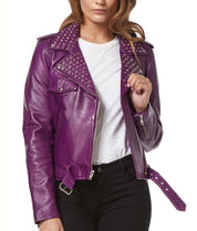 Women's Purple Leather Studded Biker Jacket - Image 3
