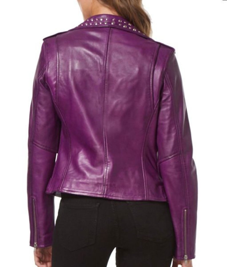 Women's Purple Leather Studded Biker Jacket - Image 2