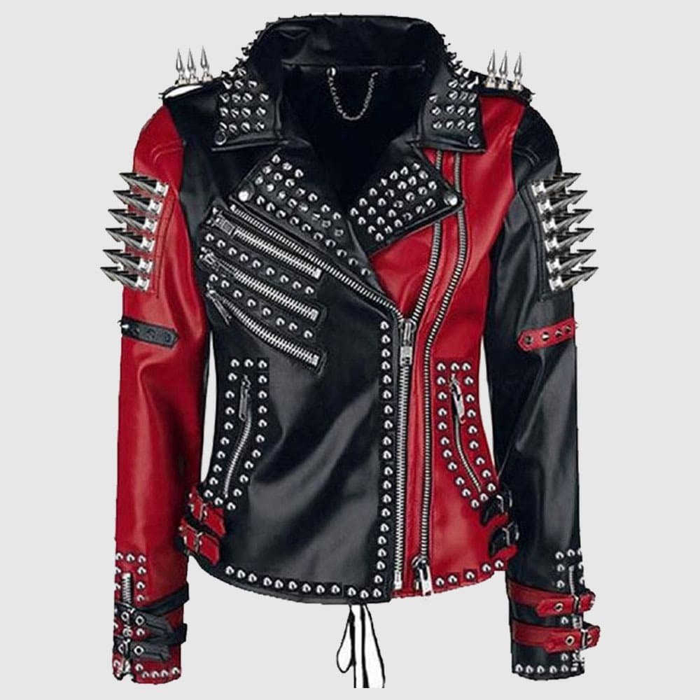 Women's Handmade Black and Red Spikes Zipper Real Cowhide Motorbike Leather Jacket