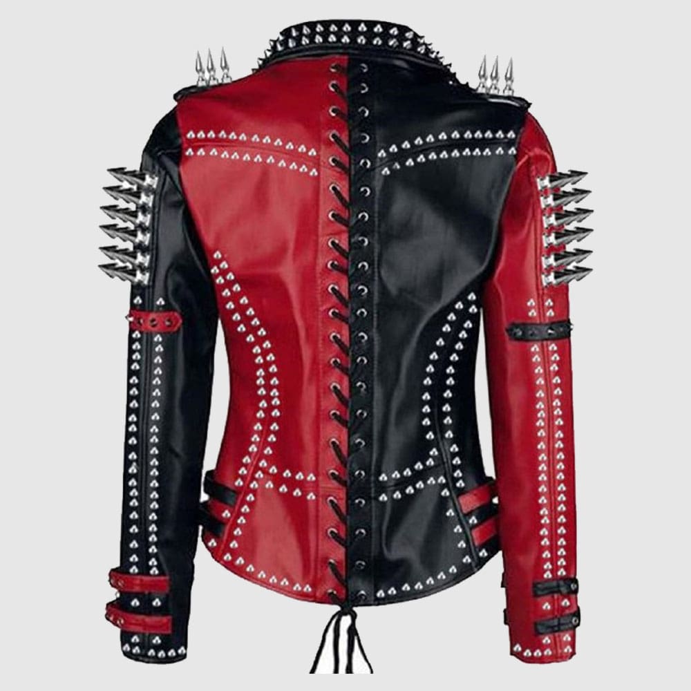 Women's Handmade Black and Red Spikes Zipper Real Cowhide Motorbike Leather Jacket - Image 2