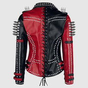 Women's Handmade Black and Red Spikes Zipper Real Cowhide Motorbike Leather Jacket - Image 2