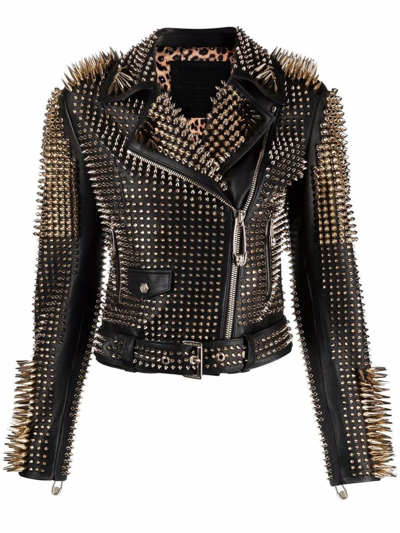 Women's Handmade Black Punk Studded Brando Biker Leather Jacket Women Studded Jacket