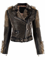 Women's Handmade Black Punk Studded Brando Biker Leather Jacket Women Studded Jacket