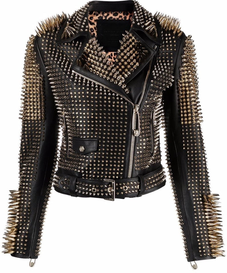 Women's Handmade Black Punk Studded Brando Biker Leather Jacket Women Studded Jacket