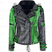 Women's Studded Cowhide Leather Motorbike Jacket