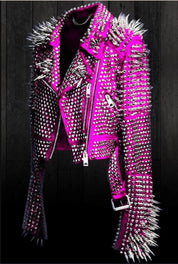 Handmade Punk Women Full Long Spiked Studded Brando Pink Leather Jacket