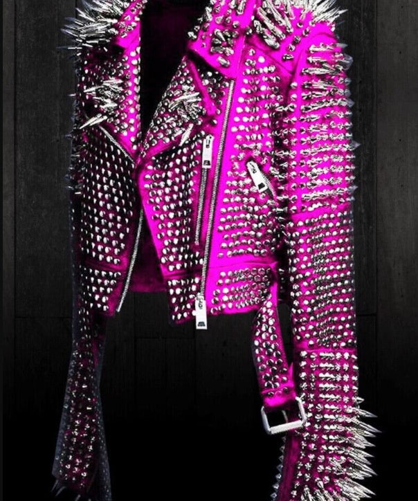 Handmade Punk Women Full Long Spiked Studded Brando Pink Leather Jacket