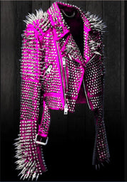Handmade Punk Women Full Long Spiked Studded Brando Pink Leather Jacket - Image 2