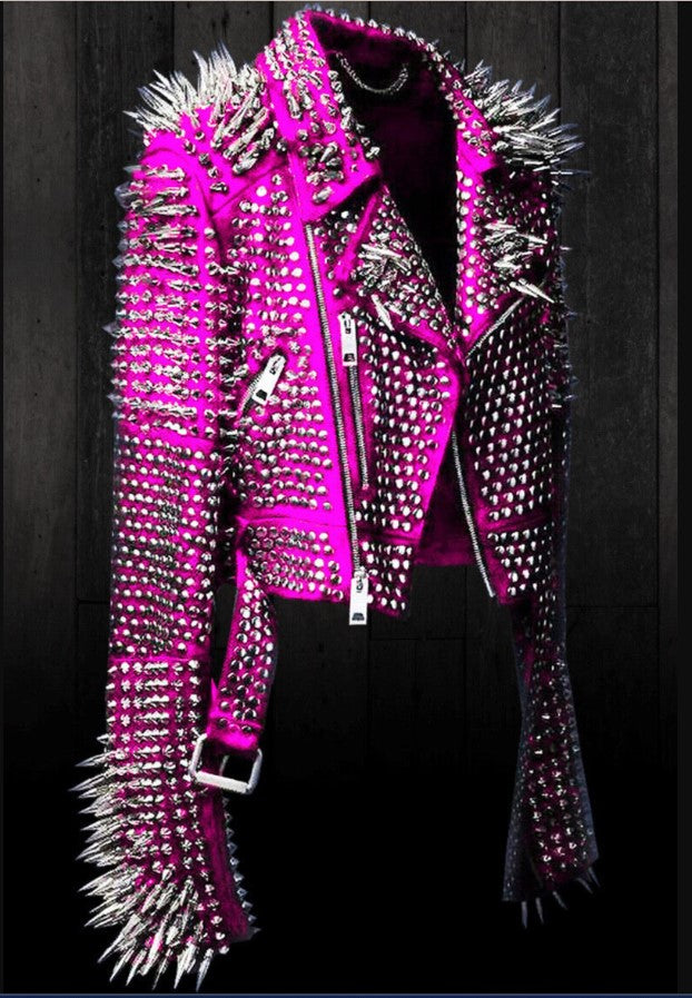 Handmade Punk Women Full Long Spiked Studded Brando Pink Leather Jacket - Image 2