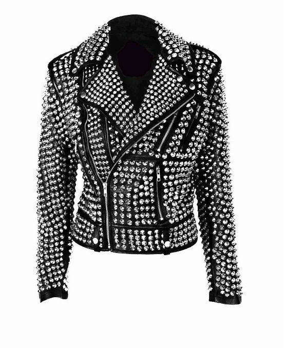 Womens Rock star All over Silver Studded Cowhide Leather Moto Jacket