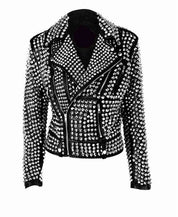 Womens Rock star All over Silver Studded Cowhide Leather Moto Jacket