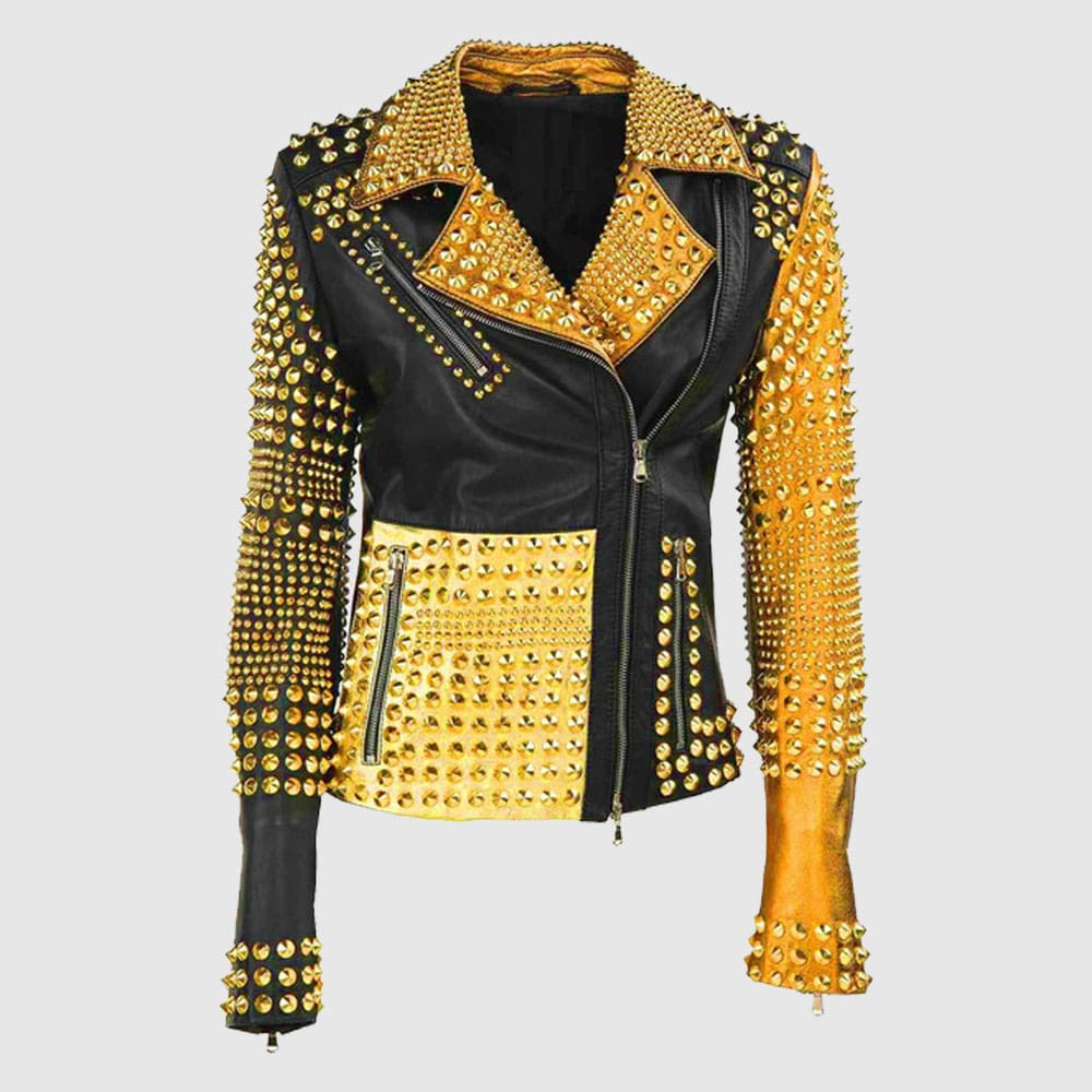 Women's Handmade Two Tone Punk Golden Studded Real Cowhide Motorbike Leather Jacket
