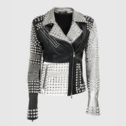 Women's Two Tone Punk Studded Leather Motorbike Jacket