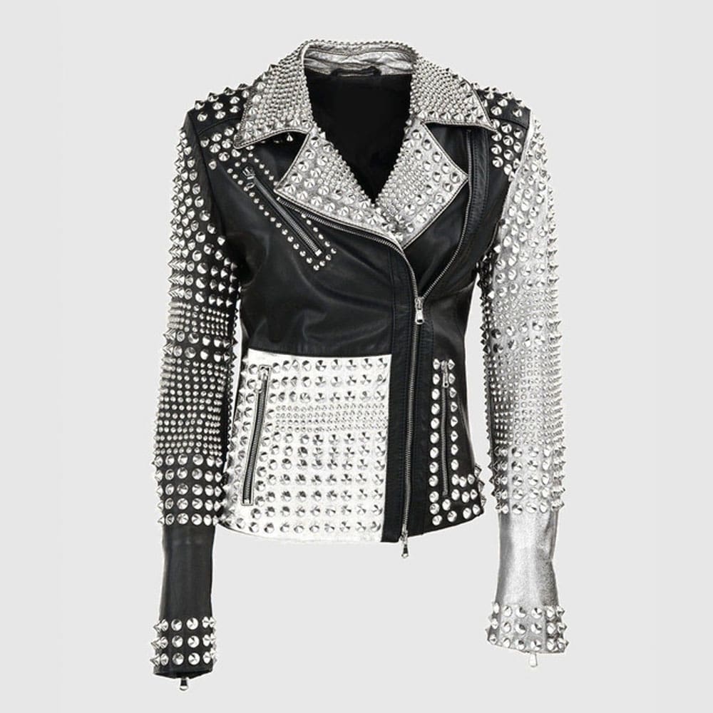 Women's two tone Punk Studded Zipper Real Cowhide Motorbike Leather Jacket