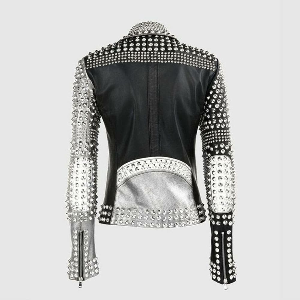 Women's Two Tone Punk Studded Leather Motorbike Jacket - Image 2