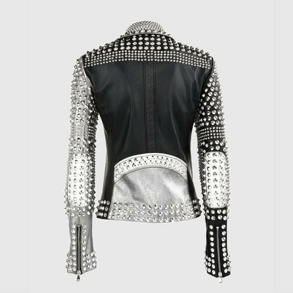 Women's two tone Punk Studded Zipper Real Cowhide Motorbike Leather Jacket